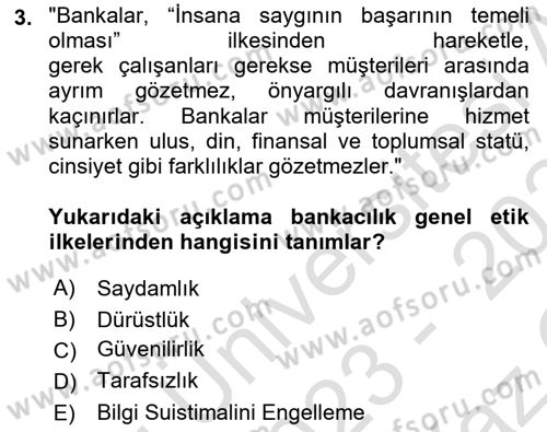 Bankacılık Hizmet Ürünleri Dersi 2023 - 2024 Yılı Yaz Okulu Sınav Soruları 3. Soru