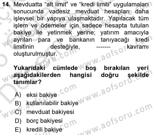 Bankacılık Hizmet Ürünleri Dersi 2024 - 2025 Yılı (Final) Dönem Sonu Sınav Soruları 14. Soru