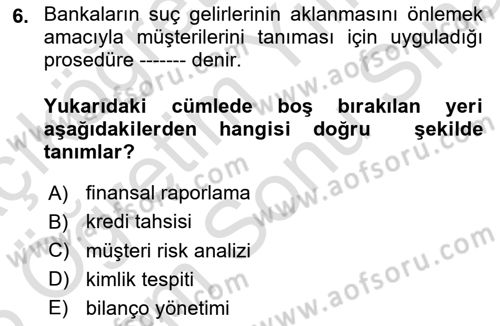 Bankacılık Hizmet Ürünleri Dersi 2024 - 2025 Yılı (Final) Dönem Sonu Sınav Soruları 6. Soru