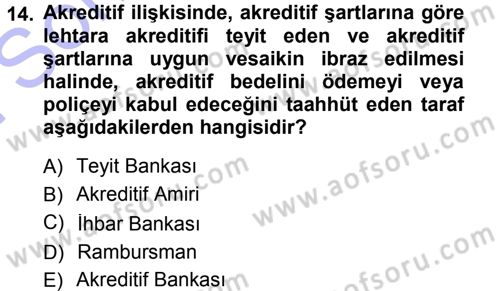 Bankalarda Kredi Yönetimi Dersi 2012 - 2013 Yılı (Final) Dönem Sonu Sınav Soruları 14. Soru