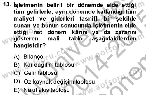 Bankalarda Kredi Yönetimi Dersi 2014 - 2015 Yılı (Final) Dönem Sonu Sınav Soruları 13. Soru