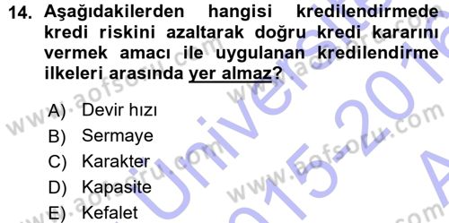 Bankalarda Kredi Yönetimi Dersi 2015 - 2016 Yılı (Vize) Ara Sınavı 14. Soru