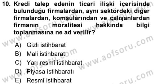 Bankalarda Kredi Yönetimi Dersi 2015 - 2016 Yılı Tek Ders Sınav Soruları 10. Soru
