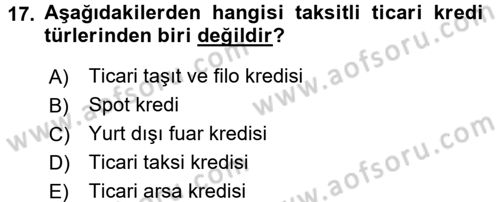 Bankalarda Kredi Yönetimi Dersi 2017 - 2018 Yılı (Vize) Ara Sınavı 17. Soru