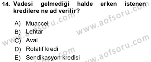 Bankalarda Kredi Yönetimi Dersi 2017 - 2018 Yılı (Final) Dönem Sonu Sınavı 14. Soru