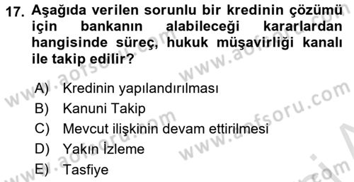 Bankalarda Kredi Yönetimi Dersi 2021 - 2022 Yılı (Final) Dönem Sonu Sınav Soruları 17. Soru