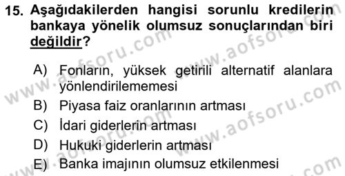 Bankalarda Kredi Yönetimi Dersi 2021 - 2022 Yılı Yaz Okulu Sınav Soruları 15. Soru