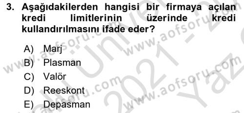 Bankalarda Kredi Yönetimi Dersi 2021 - 2022 Yılı Yaz Okulu Sınav Soruları 3. Soru
