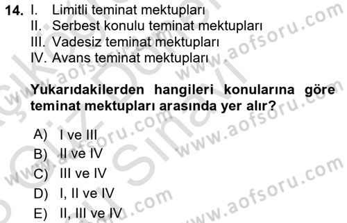 Bankalarda Kredi Yönetimi Dersi 2022 - 2023 Yılı (Final) Dönem Sonu Sınav Soruları 14. Soru