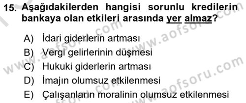 Bankalarda Kredi Yönetimi Dersi 2022 - 2023 Yılı (Final) Dönem Sonu Sınav Soruları 15. Soru