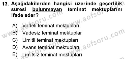 Bankalarda Kredi Yönetimi Dersi 2022 - 2023 Yılı Yaz Okulu Sınav Soruları 13. Soru
