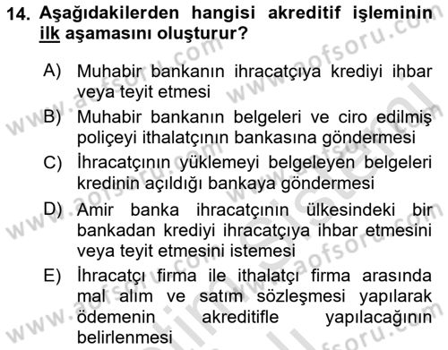 Bankalarda Kredi Yönetimi Dersi 2022 - 2023 Yılı Yaz Okulu Sınav Soruları 14. Soru