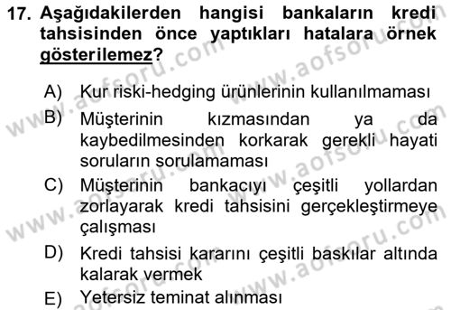 Bankalarda Kredi Yönetimi Dersi 2022 - 2023 Yılı Yaz Okulu Sınav Soruları 17. Soru