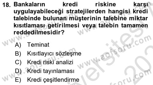 Bankalarda Kredi Yönetimi Dersi 2022 - 2023 Yılı Yaz Okulu Sınav Soruları 18. Soru