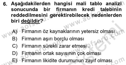 Bankalarda Kredi Yönetimi Dersi 2022 - 2023 Yılı Yaz Okulu Sınav Soruları 6. Soru