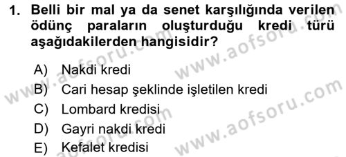 Bankalarda Kredi Yönetimi Dersi Ara Sınavı Deneme Sınav Soruları 1. Soru
