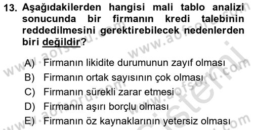 Bankalarda Kredi Yönetimi Dersi 2023 - 2024 Yılı (Vize) Ara Sınav Soruları 13. Soru