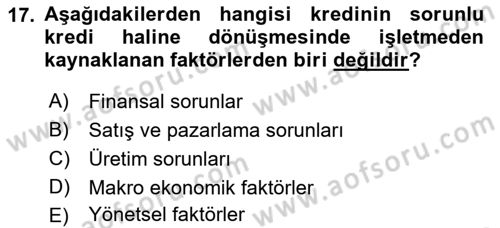 Bankalarda Kredi Yönetimi Dersi 2023 - 2024 Yılı (Final) Dönem Sonu Sınav Soruları 17. Soru