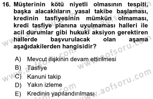 Bankalarda Kredi Yönetimi Dersi 2023 - 2024 Yılı Yaz Okulu Sınav Soruları 16. Soru