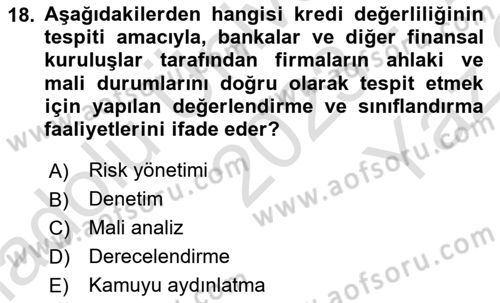 Bankalarda Kredi Yönetimi Dersi 2023 - 2024 Yılı Yaz Okulu Sınav Soruları 18. Soru