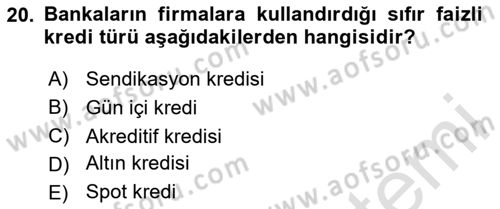 Bankalarda Kredi Yönetimi Dersi 2024 - 2025 Yılı (Vize) Ara Sınav Soruları 20. Soru