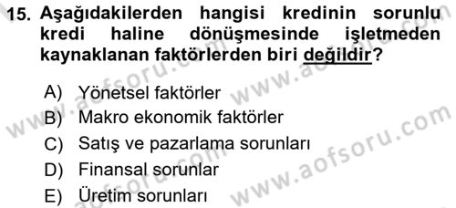 Bankalarda Kredi Yönetimi Dersi 2024 - 2025 Yılı (Final) Dönem Sonu Sınav Soruları 15. Soru