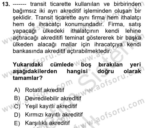 Bankalarda Kredi Yönetimi Dersi 2024 - 2025 Yılı Yaz Okulu Sınav Soruları 13. Soru