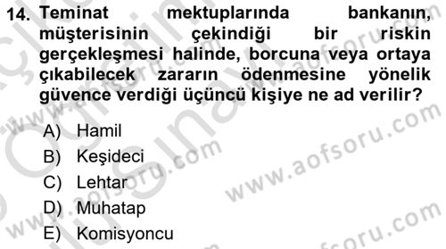 Bankalarda Kredi Yönetimi Dersi 2024 - 2025 Yılı Yaz Okulu Sınav Soruları 14. Soru