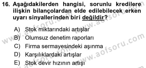 Bankalarda Kredi Yönetimi Dersi 2024 - 2025 Yılı Yaz Okulu Sınav Soruları 16. Soru