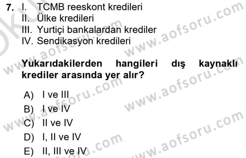 Bankalarda Kredi Yönetimi Dersi 2024 - 2025 Yılı Yaz Okulu Sınav Soruları 7. Soru