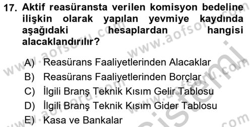 Banka Ve Sigorta Muhasebesi Dersi 2016 - 2017 Yılı 3 Ders Sınav Soruları 17. Soru