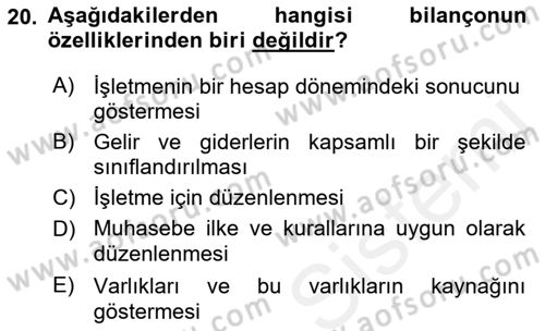 Banka Ve Sigorta Muhasebesi Dersi 2018 - 2019 Yılı (Final) Dönem Sonu Sınav Soruları 20. Soru