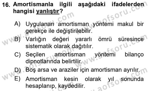 Banka Ve Sigorta Muhasebesi Dersi 2018 - 2019 Yılı Yaz Okulu Sınav Soruları 16. Soru