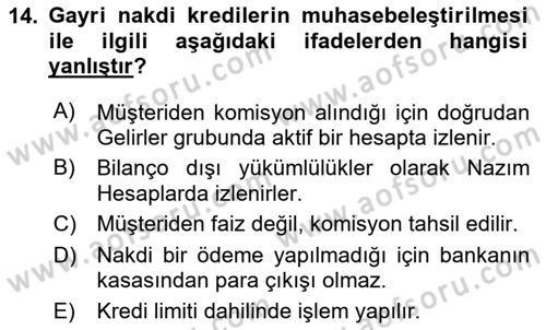 Banka Ve Sigorta Muhasebesi Dersi 2025 - 2026 Yılı (Vize) Ara Sınav Soruları 14. Soru