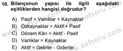 Banka Ve Sigorta Muhasebesi Dersi 2025 - 2026 Yılı (Final) Dönem Sonu Sınav Soruları 10. Soru