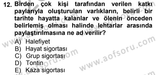 Hayat Sigortaları Ve Bireysel Emeklilik Sistemi Dersi 2012 - 2013 Yılı (Vize) Ara Sınav Soruları 12. Soru