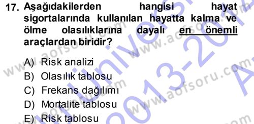Hayat Sigortaları Ve Bireysel Emeklilik Sistemi Dersi 2013 - 2014 Yılı (Vize) Ara Sınav Soruları 17. Soru