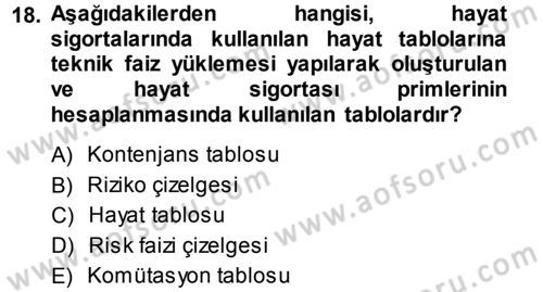 Hayat Sigortaları Ve Bireysel Emeklilik Sistemi Dersi 2013 - 2014 Yılı (Vize) Ara Sınav Soruları 18. Soru