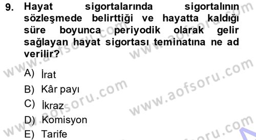 Hayat Sigortaları Ve Bireysel Emeklilik Sistemi Dersi 2014 - 2015 Yılı (Vize) Ara Sınav Soruları 9. Soru