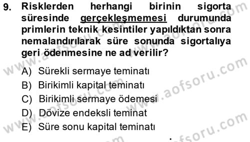 Hayat Sigortaları Ve Bireysel Emeklilik Sistemi Dersi 2014 - 2015 Yılı Tek Ders Sınav Soruları 9. Soru