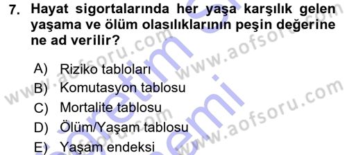Hayat Sigortaları Ve Bireysel Emeklilik Sistemi Dersi 2015 - 2016 Yılı (Final) Dönem Sonu Sınav Soruları 7. Soru