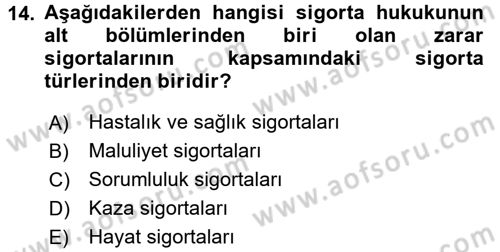 Hayat Sigortaları Ve Bireysel Emeklilik Sistemi Dersi 2016 - 2017 Yılı (Vize) Ara Sınav Soruları 14. Soru