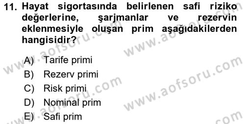 Hayat Sigortaları Ve Bireysel Emeklilik Sistemi Dersi 2017 - 2018 Yılı 3 Ders Sınav Soruları 11. Soru
