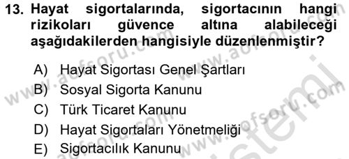 Hayat Sigortaları Ve Bireysel Emeklilik Sistemi Dersi 2017 - 2018 Yılı (Vize) Ara Sınav Soruları 13. Soru