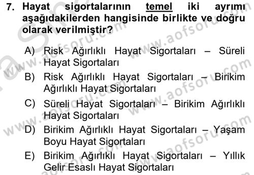 Hayat Sigortaları Ve Bireysel Emeklilik Sistemi Dersi 2017 - 2018 Yılı (Vize) Ara Sınav Soruları 7. Soru