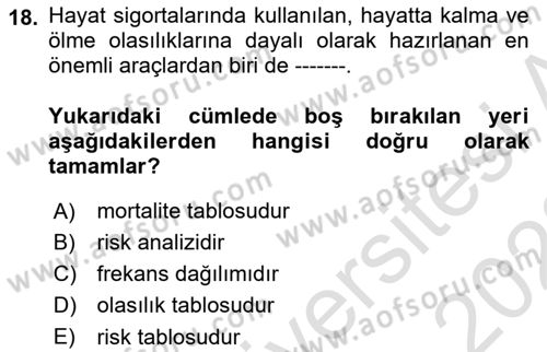 Hayat Sigortaları Ve Bireysel Emeklilik Sistemi Dersi 2021 - 2022 Yılı (Vize) Ara Sınav Soruları 18. Soru