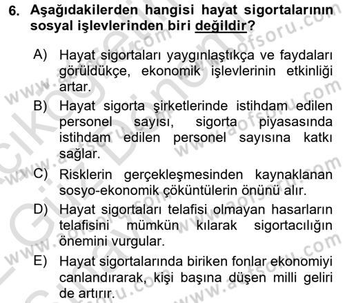 Hayat Sigortaları Ve Bireysel Emeklilik Sistemi Dersi 2021 - 2022 Yılı (Vize) Ara Sınav Soruları 6. Soru