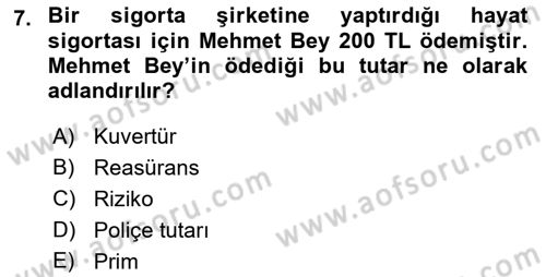 Hayat Sigortaları Ve Bireysel Emeklilik Sistemi Dersi 2021 - 2022 Yılı Yaz Okulu Sınav Soruları 7. Soru