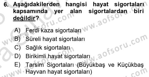Hayat Sigortaları Ve Bireysel Emeklilik Sistemi Dersi 2022 - 2023 Yılı (Vize) Ara Sınav Soruları 6. Soru