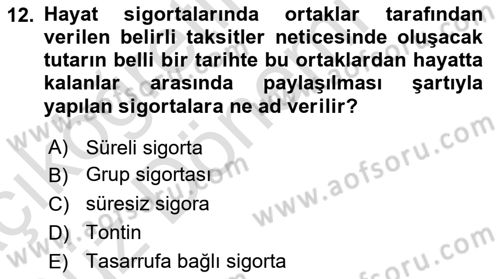 Hayat Sigortaları Ve Bireysel Emeklilik Sistemi Dersi 2023 - 2024 Yılı (Vize) Ara Sınav Soruları 12. Soru